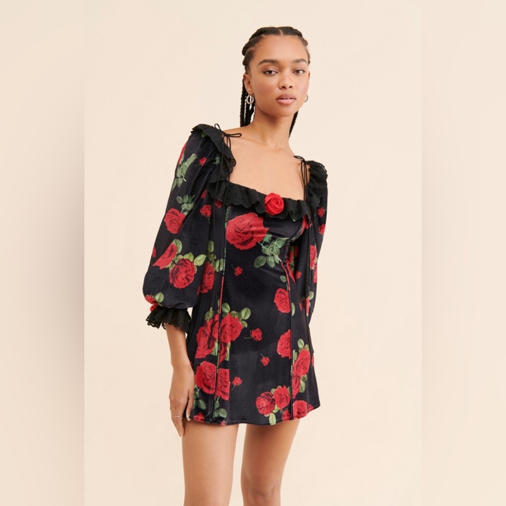For Love & Lemons x Free People Yara Printed Velvet Floral Mini Dress Gown sz S